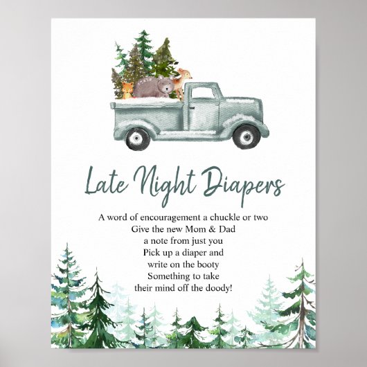 Pine Trees Woodland Late Night Diapers Sign ポスター (正面)