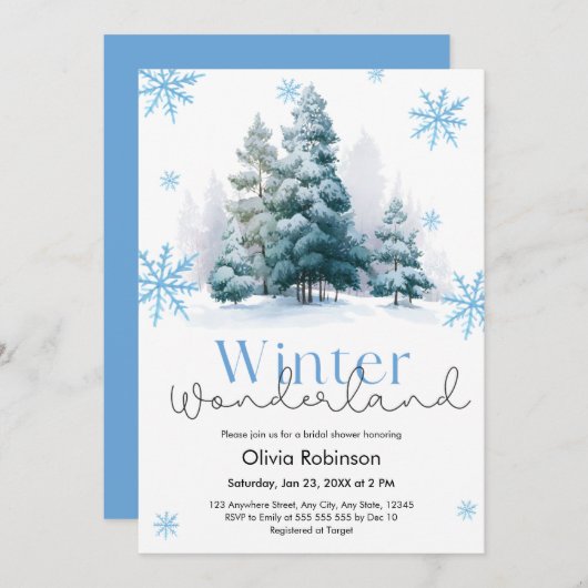 Pine Winter Wonderland Snowflakes Bridal Shower  招待状 (正面/裏面)