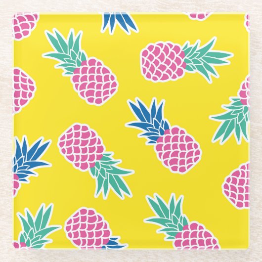 Pineapple Frenzy:明るい漫画ヴィンテージ。 ガラスコースター (正面)