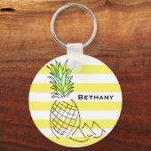Pineapple Yellow Stripes Summer Personalised キーホルダー (正面)