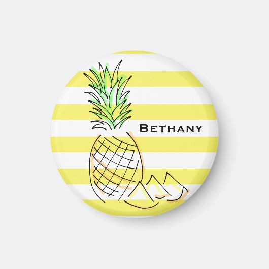 Pineapple Yellow Stripes Summer Personalised マグネット (正面)