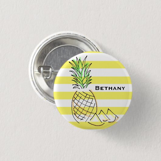 Pineapple Yellow Stripes Summer Personalised 缶バッジ (正面&裏面)