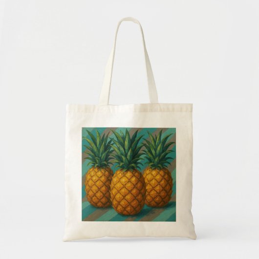 Pineapples with Turquoise and Warm Gray Stripes トートバッグ (正面)