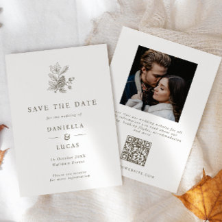 Pinecone & Acorns秋の結婚式写真QRコード セーブザデート