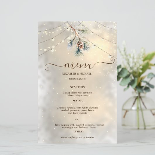 Pinecone String Lights Winter  Wedding Menu Card (スタンド正面)