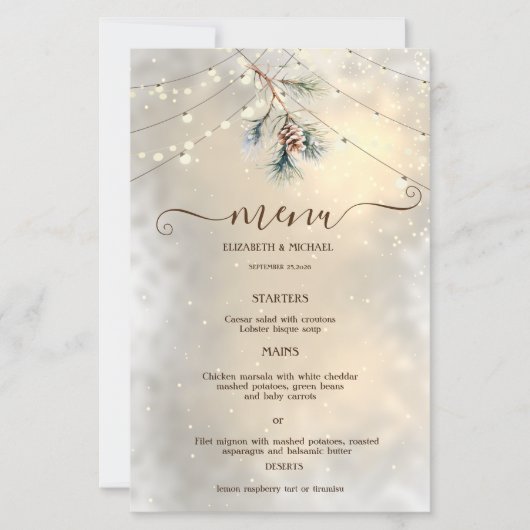 Pinecone String Lights Winter  Wedding Menu Card (正面)