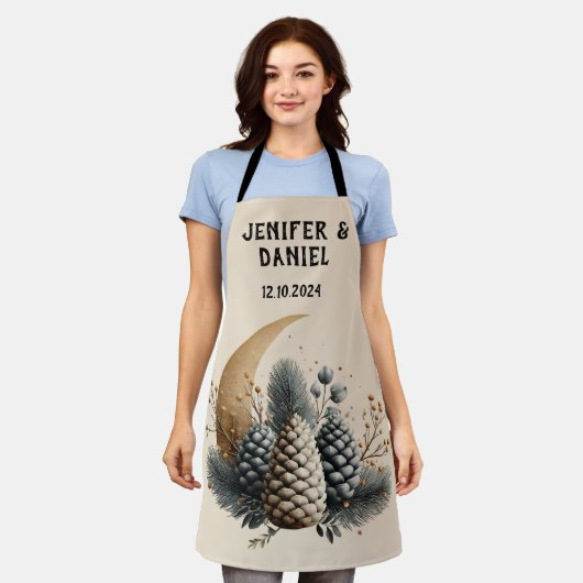 Pinecones and Crescent Moon Winter Love エプロン (着用した状態)