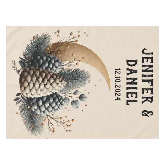 Pinecones and Crescent Moon Winter Love テーブルクロス (正面(横))