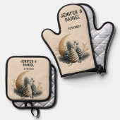 Pinecones and Crescent Moon Winter Love 鍋つかみ&鍋敷きセット (正面/裏面)