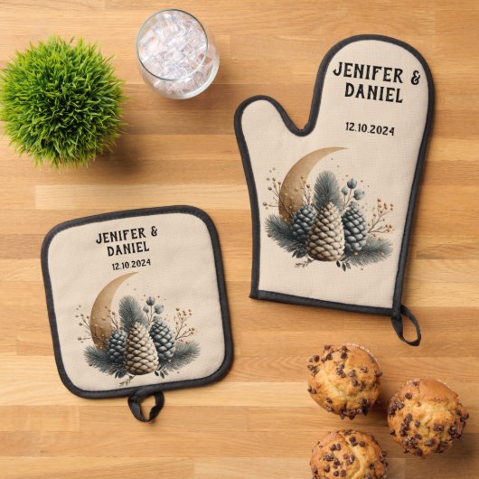 Pinecones and Crescent Moon Winter Love 鍋つかみ&鍋敷きセット (トップダウン)