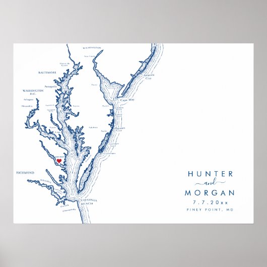 Piney Point MD Wedding Modern Map Guestbook Poster ポスター (正面)