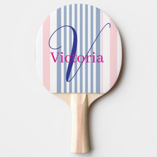 Ping Pong Paddle Blue Pink & White Stripe 卓球ラケット (正面)