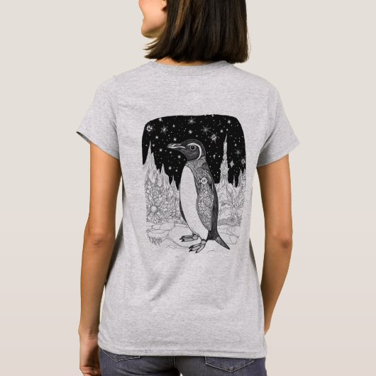 Pinguin bei Nacht unter magischem Sternenhimmel Tシャツ (裏面)