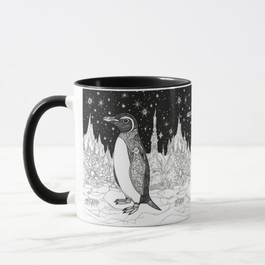 Pinguin im Eis unter nächtlichem Sternenhimmel マグカップ (左)