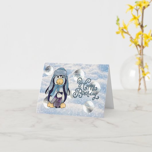 Pinguin mit Kind Karte カード (黄色い花)