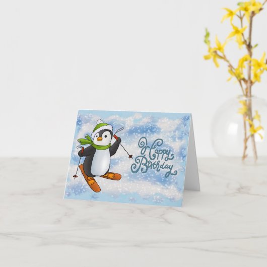 Pinguin mit Ski Karte カード (黄色い花)