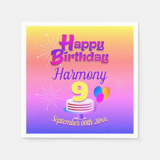 PINKおよび金ゴールドハッピーバースデー |編集可能 スタンダードカクテルナプキン (正面)