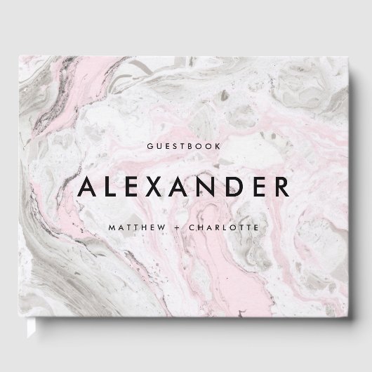 PInkとグレーフェイクの大理石モダンの結婚写真 ゲストブック (正面)