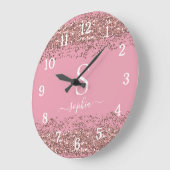 Pinkグリッターモノグラムスタイリッシュスクリプト名 ラージ壁時計 (傾斜)