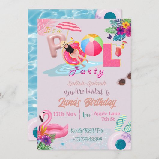 PInkテーマプールパーティの招待状 招待状 (正面/裏面)