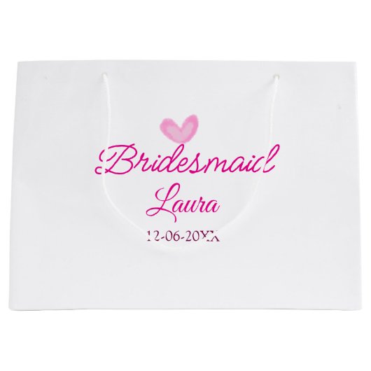 PINKハートミニマルの名前の追加bridesmaidギフト年 ラージペーパーバッグ (正面)