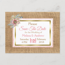 PInkバ素朴ラップフローラ結婚式の日付を保存 案内ポストカード