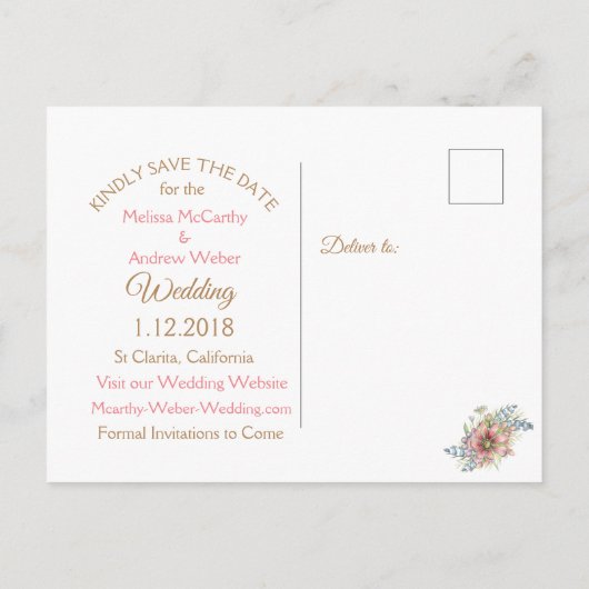 PInkバ素朴ラップフローラ結婚式の日付を保存 案内ポストカード (裏面)