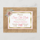 PInkバ素朴ラップフローラ結婚式の日付を保存 案内ポストカード (正面)