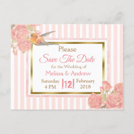 PInkヴィンテージ鳥フローラ結婚式の日付を保存 案内ポストカード