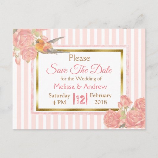 PInkヴィンテージ鳥フローラ結婚式の日付を保存 案内ポストカード (正面)