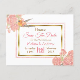 PInkヴィンテージ鳥フローラ結婚式の日付を保存 案内ポストカード