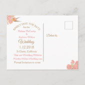 PInkヴィンテージ鳥フローラ結婚式の日付を保存 案内ポストカード (裏面)