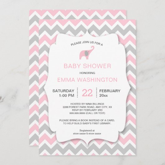 PInk象が本を持って来る赤ちゃんシャワー招待状 招待状 (正面/裏面)