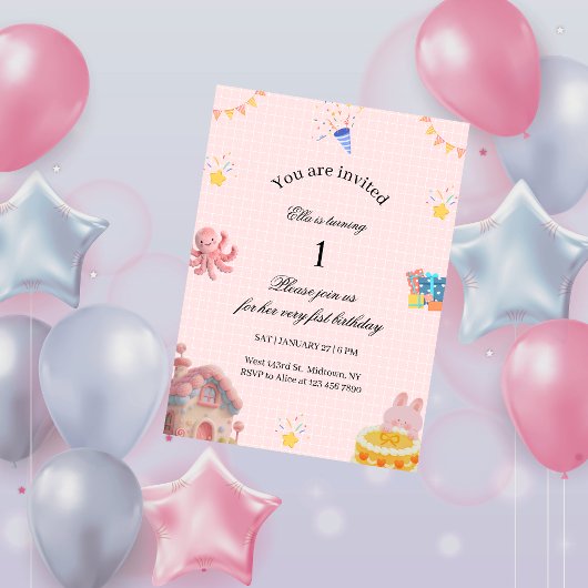Pink 1st Birthday Invitation  招待状