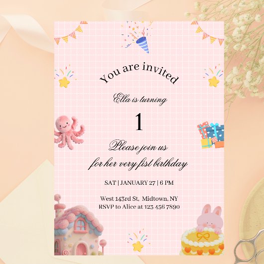 Pink 1st Birthday Invitation 招待状
