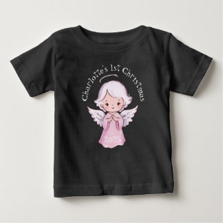 Pink 1st Christmas Girls Angel Cute 2025 Black ベビーTシャツ
