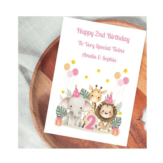 Pink 2nd Birthday Safari Animals Birthday Card カード