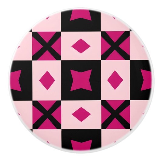Pink 3 tone checkered door pull セラミックノブ (正面)