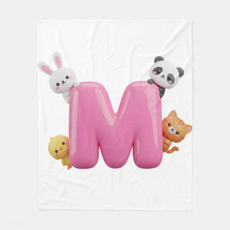 Pink 3D Letter M Fleece Baby Blanket with Animals フリースブランケット