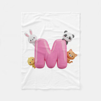 Pink 3D Letter M Fleece Baby Blanket with Animals フリースブランケット