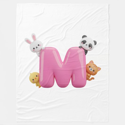 Pink 3D Letter M Fleece Throw Blanket with Animals フリースブランケット (正面)