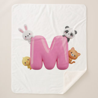 Pink 3D Letter M Medium Sherpa Blanket with Animal シェルパブランケット