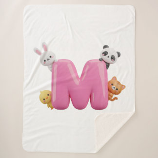 Pink 3D Letter M Sherpa Throw Blanket with Animals シェルパブランケット
