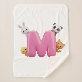 Pink 3D Letter M Small Sherpa Blanket with Animals シェルパブランケット