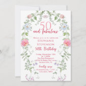 Pink 50 & Fabulous 50th Birthday Garden Tea Party 招待状 (正面)