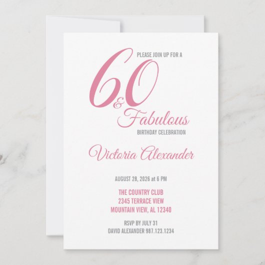 Pink 60 and Fabulous Elegant Script Birthday 招待状 (正面)