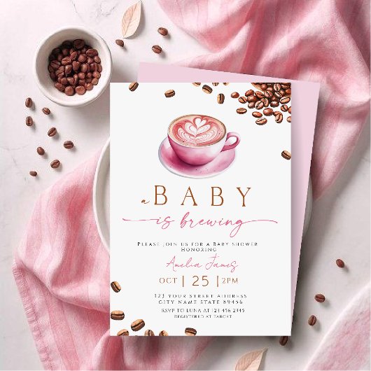 Pink A Baby is Brewing Coffee Bean Baby Shower 招待状