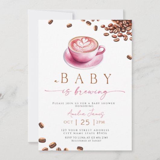 Pink A Baby is Brewing Coffee Bean Baby Shower 招待状 (正面)