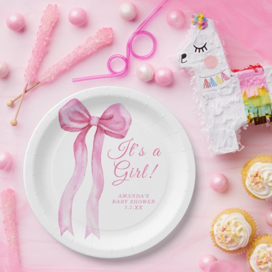Pink a Bow It's Girl Baby Shower ペーパープレート (パーティー)