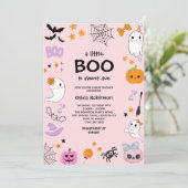 Pink A Little Boo Cute Photo Halloween Baby Shower 招待状 (スタンド正面)